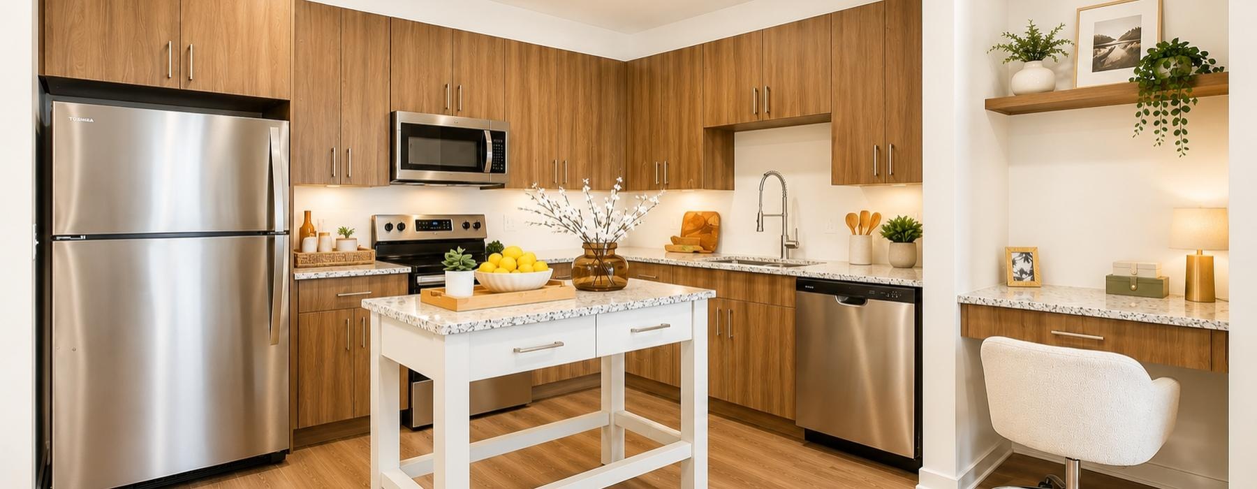a kitchen with a table and chairs