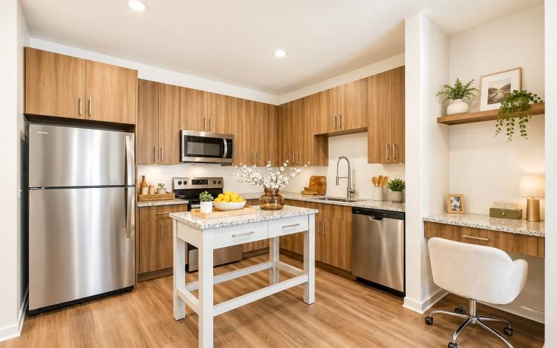 a kitchen with a table and chairs